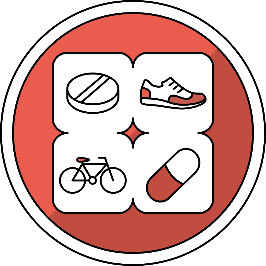 Theme 1 motif - a line drawing of a medicine tablet, a sports shoe, a bicycle and a medicine pill, within a red-coloured circle.