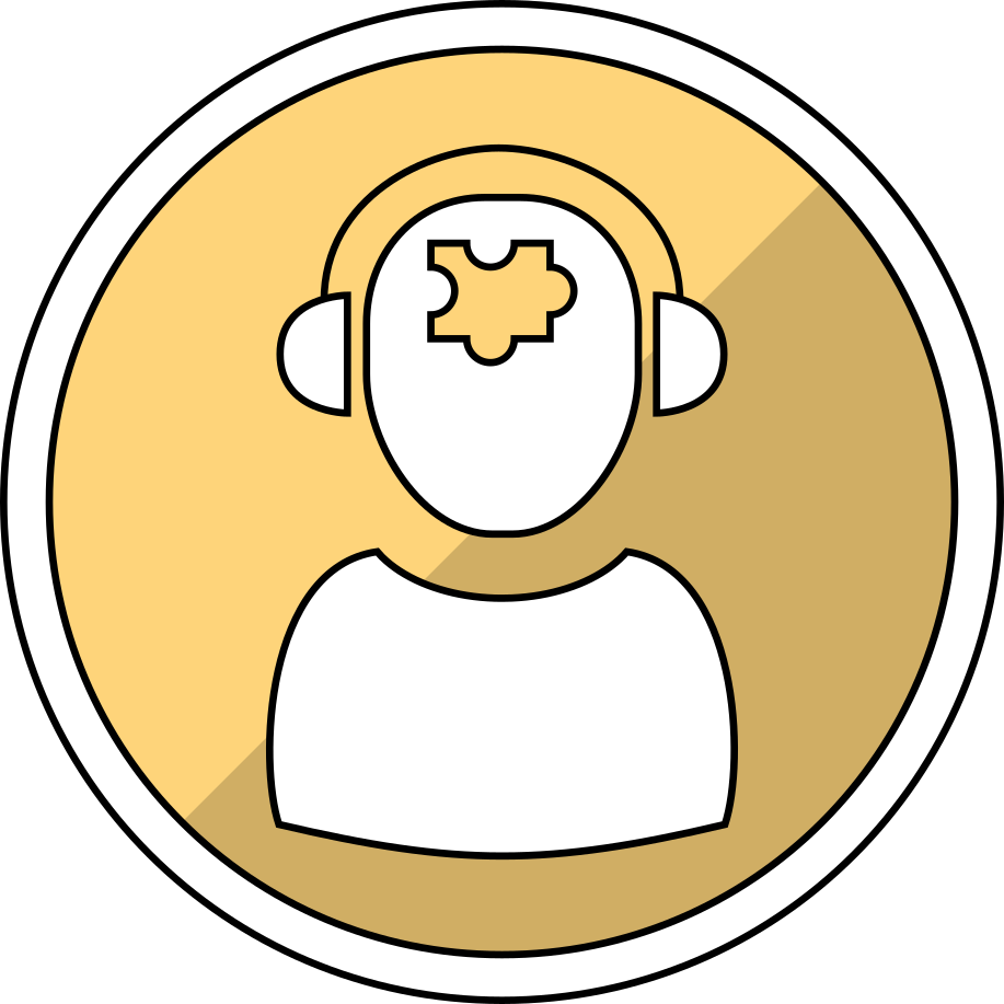 Theme 3 - a line drawing of a generic person with headphones and a jigsaw puzzle piece placed on their head, within a yellow-coloured circle.
