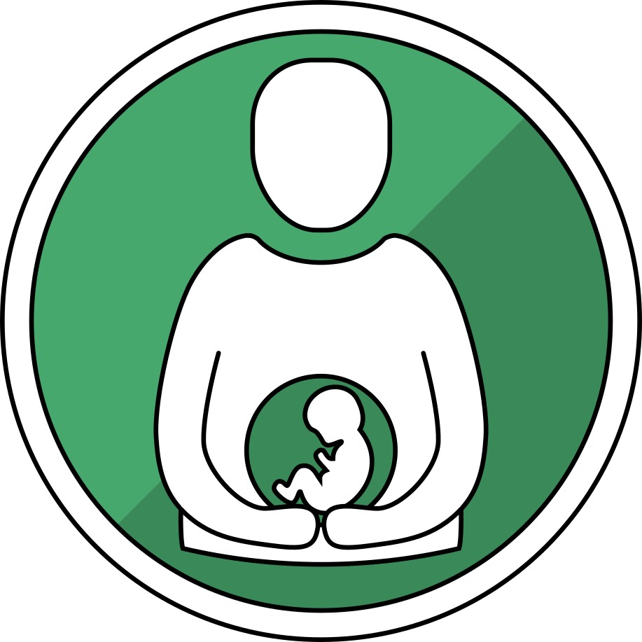 Theme 4 motif - a line drawing of a pregnant person holding their hands over their midriff where there is a foetus growing, within a green-coloured circle.