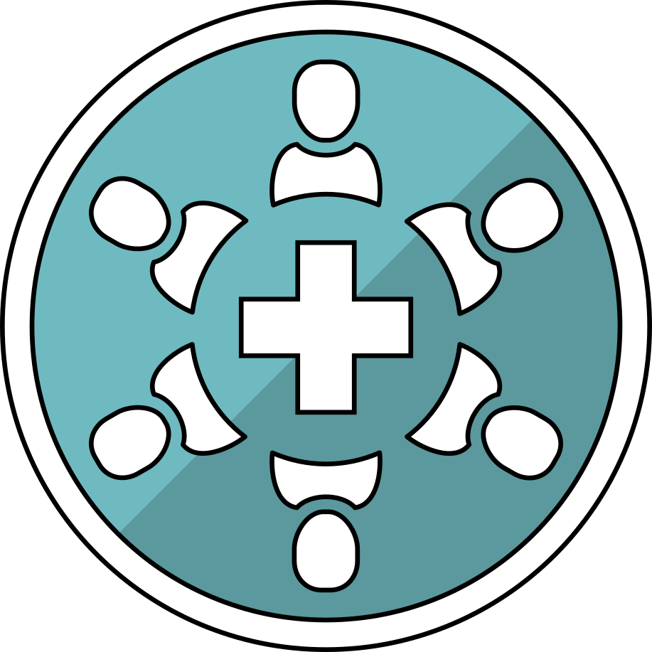 Theme 5 motif - six generic people arranged in a circle around a plus health health symbol, within an aqua blue-coloured circle.