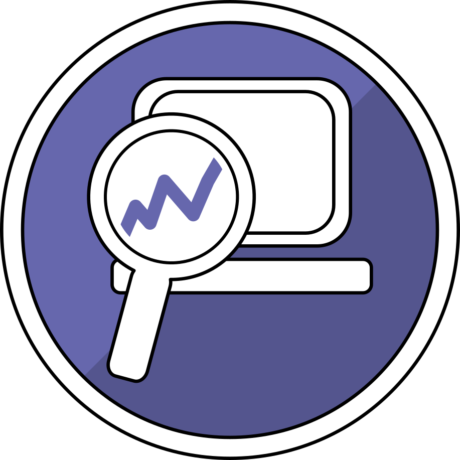 Theme 6 motif - a line drawing of a magnifying glass focussing on a line chart and a computer, within an indigo blue-coloured circle.