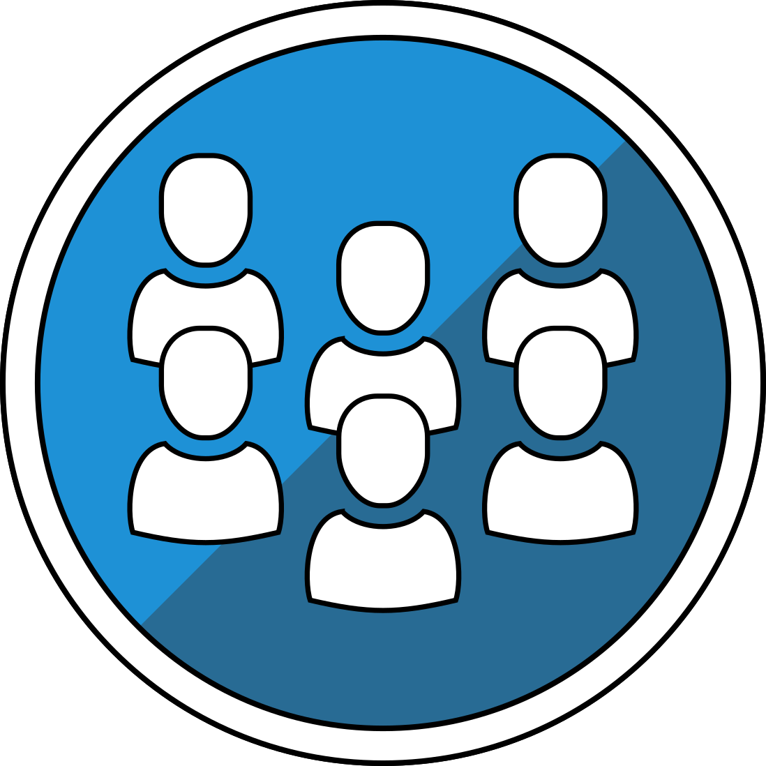Theme 7 motif - a line drawing of six generic people arranged in two rows, within a blue-coloured circle.