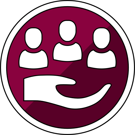 Theme 8 motif - a line drawing of three generic people above an open hand, within a maroon-coloured circle.