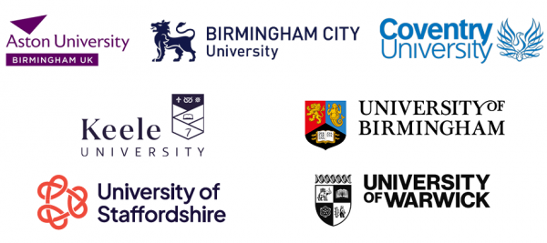 Set of logos for Aston University, Birmingham City University, Coventry University, Keele University, University of Staffordshire, and University of Warwick.